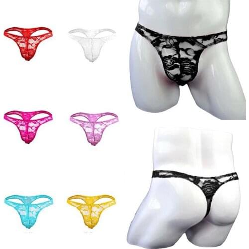 Sexy Men Sissy Lace Sheer Low Waist Panties Gay Underwear Hipster Floral Lace Bikini Under Pants Candy Color Lingerie
