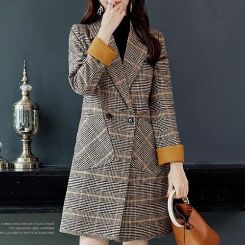 2019 Mid-Long Autumn Winter New Korean Casual Wild Woolen Coat Double-breasted Suit Collar Slim Plaid Womens Woolen Coat AA26