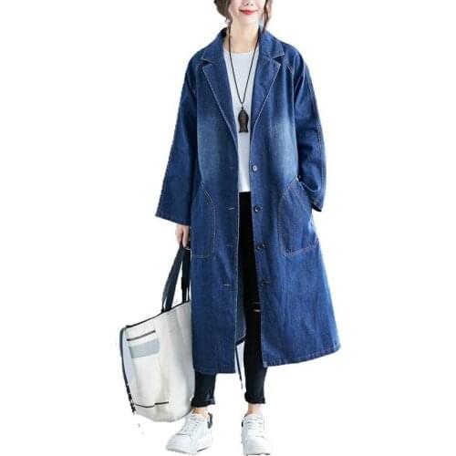 Spring Autumn Female Long Sleeve Suit Collar Solid Color Single-breasted Washed Loose Long Denim Trench Coat Windbreaker Women