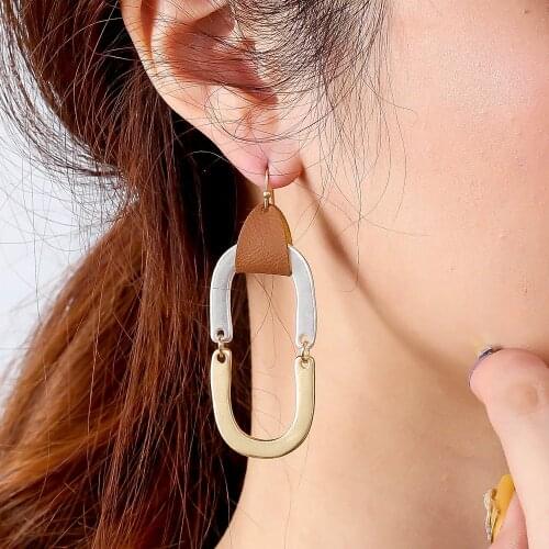 Vintage Leather Torus Dangle Earrings For Women Geometric U Shape Gold Silver Color Metal Earrings Jewelry