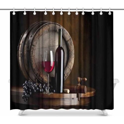 Aplysia The Still Life with Red Wine Bottle Glass and Old Barrel Fabric Bathroom Shower Curtain Set 72 x 72 Inches