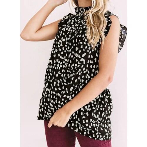 Sweet Ruffle Neck Women Blouse Top Elegant Dot Print Loose Fit Sleeveless Large Hem Elegant Blouses Shirts Ladies Clothing