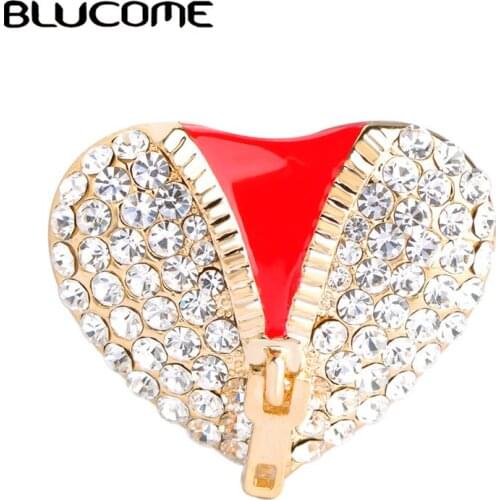 Blucome Fashion Valentines Day Zipper Love Heart Brooches Pins Red Enamel Crystals Brooch Women Girls Gifts Clothes Accessories