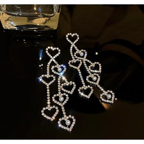 Origin Summer Full Shiny Rhinestone Love Heart Long Tassel Pendant Earrings for Women Ladies Elegant Accessories Pendientes