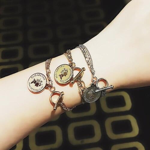 Bracelets on Hand for Women Elizabeth Ⅱ Queen Portrait Round Pendant Multicolor Stainless Steel Chain Vintage Jewelry(GB401)