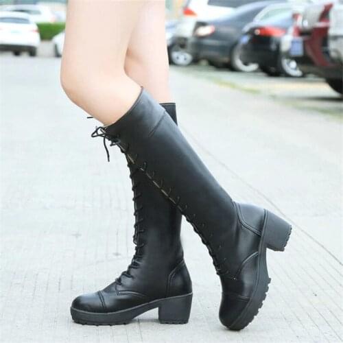 Calf High Boots Kitten Heels Lace Up Platform Motorcycle Boots Women New Leather Block Heel Black Platform Boot Zapatos Planos