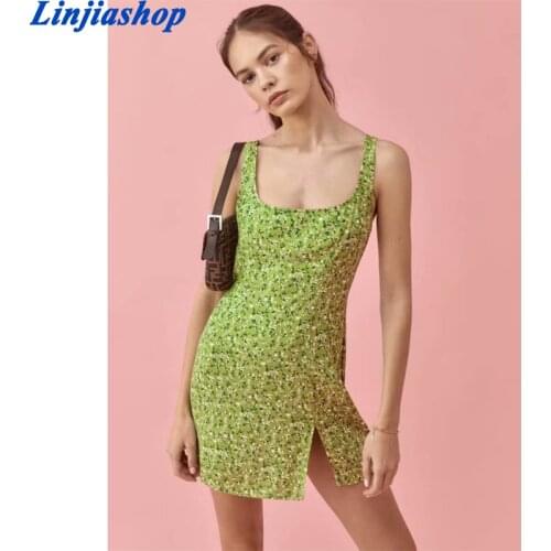 Green Floral Sundress Women Square Collar Vintage Summer Dress French Vocation Split Sexy Mini Dresses Party Wear