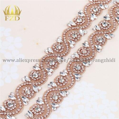 10yards) Wholesale Handmade Sew On Hot Fix Rose Gold Beaded Rhinestone Trim Applique for Bridal Wedding Dresses Sash Headbands