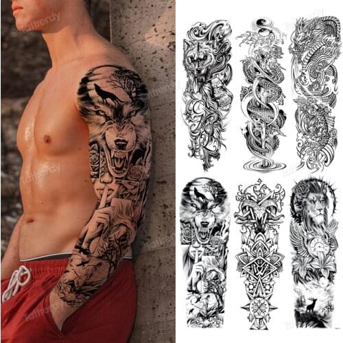 Large Sexy Temporary Tattoos for Men Adult Boy Full Arm Sleeve Waterproof Tattoo Sticker Black Cool Lion King Wolf Forest Design