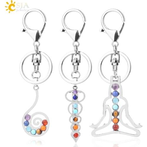CSJA Reiki 7 Chakra Stones Keychain Tree of Life 3D Symbol Love Heart Pendants Amulet Yoga Healing Bead Key Chain for Women F729