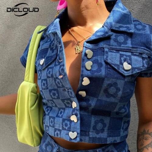 90s Vintage Retro Girls Denim T Shirt Women 2021 Summer Plaid Floral Print Skinny Crop Tops Harajuku Punk Street Fashion Tshirts