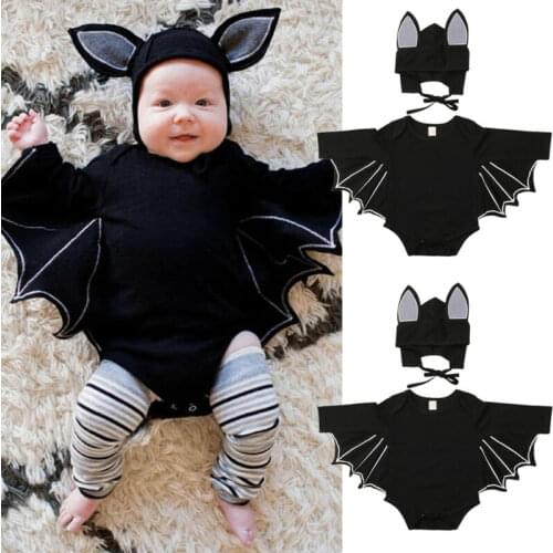 PUDCOCO Halloween Newborn Baby Boy Girls Bat Romper Hat Outfits Cosplay Costume Set 0-18M