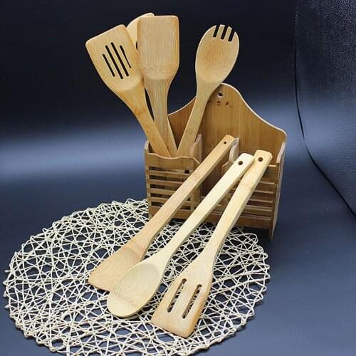 5 Piece Set Bamboo Utensil Kitchen Wooden Cooking Tools Spoon Spatula Mixing Natural Healthy Easy Kitchen Food Cooking Tools