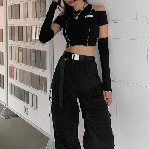 Cool Short Patchwork Hollowed Out Shoulder T-shirt Womens Letter O-Neck Slim All-match Exposed Navel Top with Sleeve