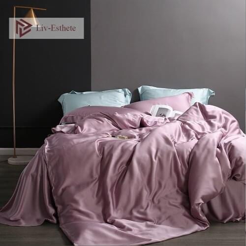 Liv-Esthete Women Noble Smoked Purple100% Silk Bedding Set Silky Healthy Duvet Cover Flat Sheet Pillowcace Queen King Bed Set