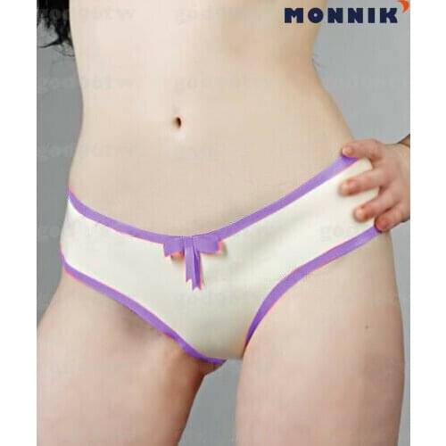 MONNIK latexSexy LingerieSexy Latex Women Purple And White Triangle Shorts With Bow 0.4mm