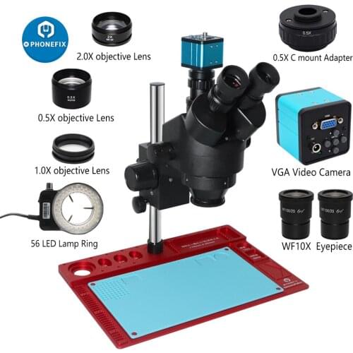 3.5X-90X Simul focal Trinocular Stereo Microscope 38MP 1080P HDMI USB Camera with Red Aluminum Alloy Working Mat PCB Repair Tool