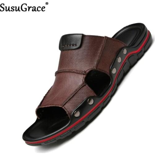 SusuGrace Genuine Leather Men Slippers Outdoor Plus Size leather Sandals New Casual Zapatillas De Casa Non-slip Slippers Hombre