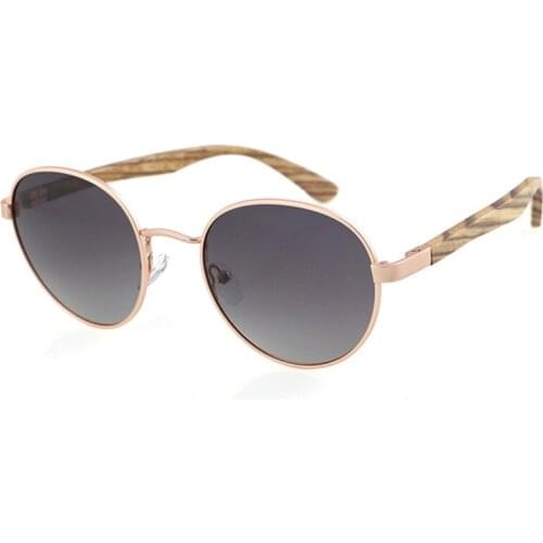 Dropshipping Fashion Style And Polarized Lenses Custom Logo Men Round Rose Gold Steel Rimmed Zebra Wood Sunglasses