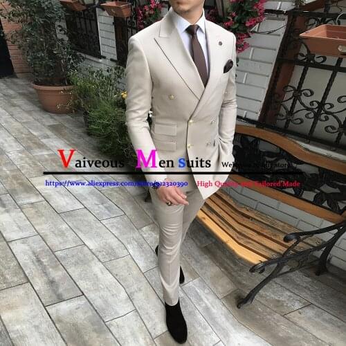 2021 New Solid Color Business Mens Suit 2 Pieces Double-Breasted Notch Lapel Slim Fit Casual Tuxedos For Wedding(Blazer+Pants)