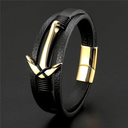 2020 Fashion Stainless Steel Anchor Bracelet Men Black Braided Multilayer Cowhide Leather Rope Bracelets Wrap Punk Charm Jewelry