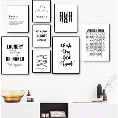 Laundry Signs Wall Art Canvas Painting Poster Print Black White Wash Dry Fold Repeat Molecular Picture Laundry Room Decoration