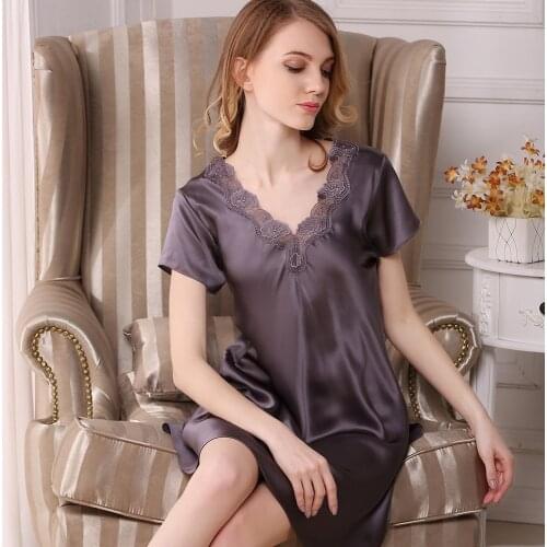 Sexy 100% Genuine Silk NightDress Women Sleepwear V-neck Pure Silk Short Sleeves Elegant Nightgowns Women Night dress S2501