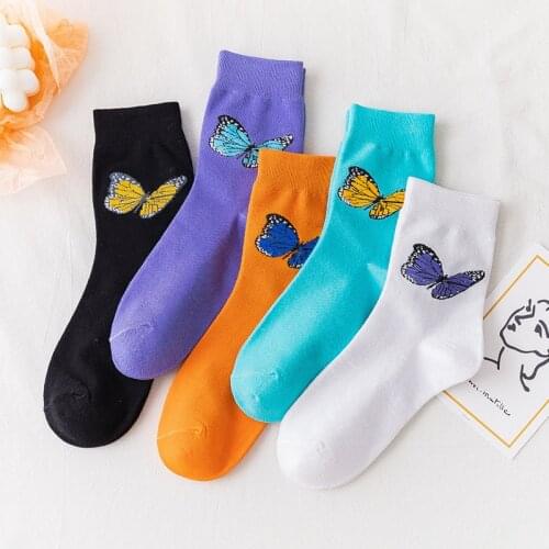 Autumn And Winter Women Cotton Socks Butterfly Print Casual Personality Fashion Colorful Trend Socks Breathable Sweaty Female