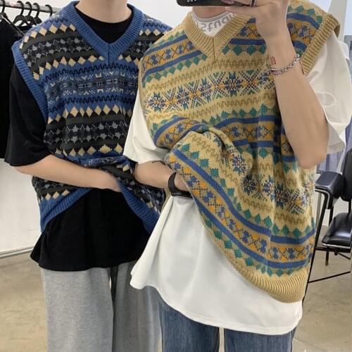 Autumn ethnic style geometric jacquard V-neck knit vest men and women retro loose sleeveless sweater coats
