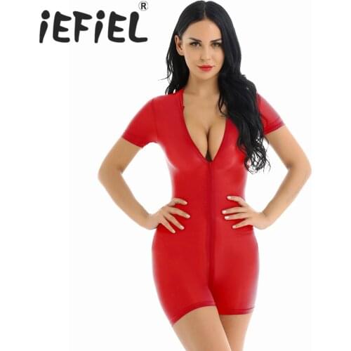 Sexy Female Women One Piece See Through Sheer Lingerie Short Sleeve Double Zipper Short Bodycon Bodysuit Jumpsuit Romper Teddies