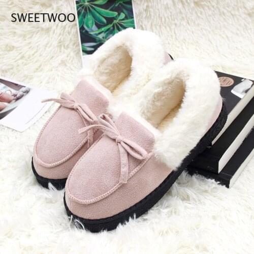 Slippers Women Winter Shoes Bowtie Plush Warm Inside Casual Loafers Ladies Indoor Home Slippers Ladies Slip On Shoes