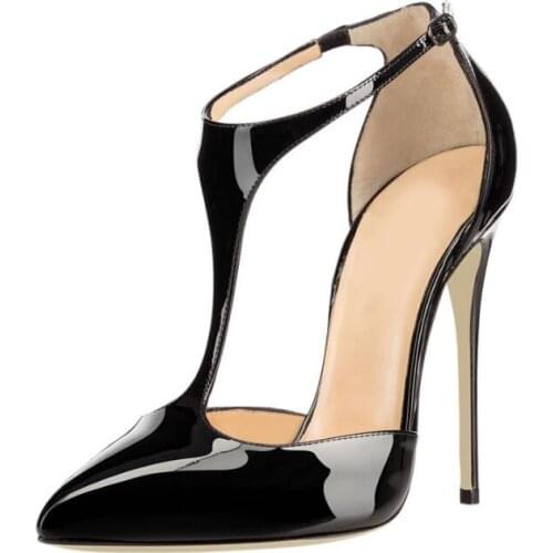 Carpaton Black Patent Leather T-strap High Heel Shoes Woman 12CM Thin Heels Pumps Shallow Ankle Strap Dress Shoes Nude Red