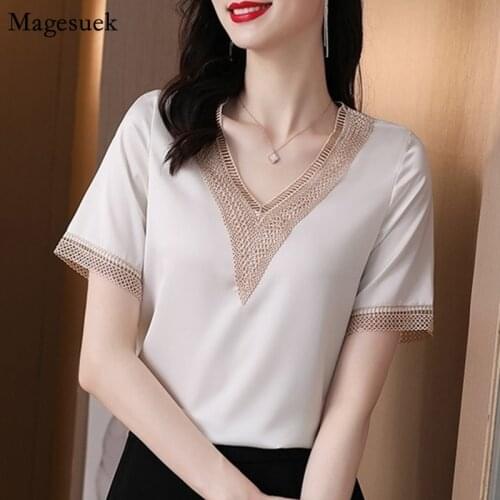 V-neck Solid Embroidery Hollow Out Silk Shirt Women Short Sleeve Summer Women Blouses Satin Plus Size Loose Casual Shirts 13770