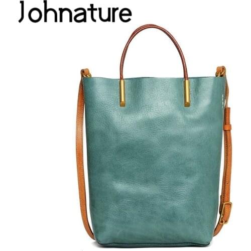 Johnature Retro Handbag Genuine Leather Women Tote Bag 2021 New Simple Large Capacity Soft Cowhide Shoulder Messenger Bags