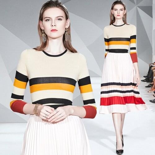 Long Sleeve Hit The Color Slim Knit Top + High Waist Pleated Midi Skirt Women Autumn Fashion 2 Piece Set 2021 Female Clothes