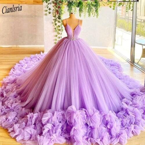 Lavender Spaghetti Strap Sleeveless Pleat Ball Gown Quinceanera Dresses Deep V-Neck Beading Ruched Sweet 15 Prom Party Dress