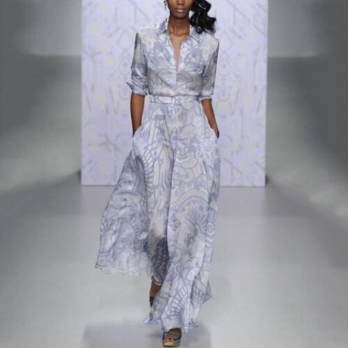 Elegant Light Blue Single Breasted Women Long Dress Autumn Long Sleeve Lapel Femme Slim Dress Fashion Print Lady Party Vestidos