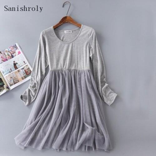 Sanishroly 2021 Spring Autumn Womens Lace Dress Modal Patchwork Mesh Dresses Female Long Sleeve Bottoming Dress Vestidos SE1148