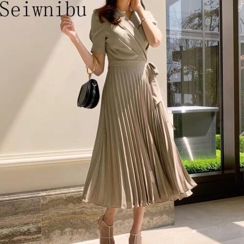 Runway New 2020 Summer Women Fashion Dress Bow Lace up Short Sleeve Dress Big Swing High Waist Pleated Midi Dress Vestidos