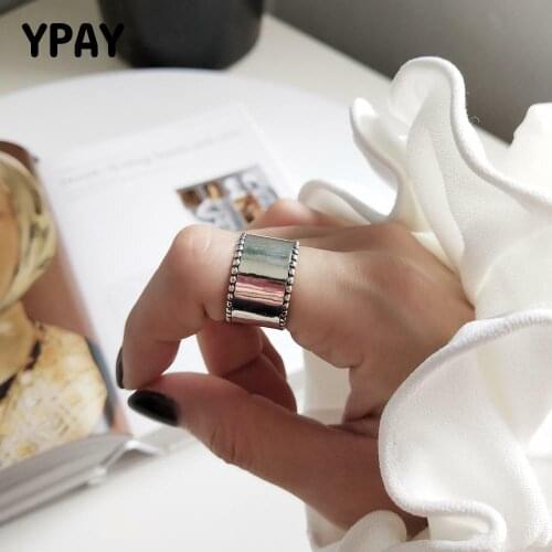 YPAY 100% Genuine 925 Sterling Silver Adjustable Ring Korea Vintage Smooth Wide Glazed Open Rings for Women Punk Jewelry YMR846
