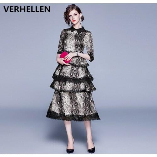 VERHELLEN Fashion Designer Runway Cake Dress 2019 Autumn Womens 3/4 Sleeve Lace Party Dresses Female Casual Elegant Dress
