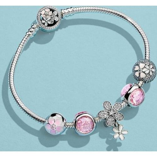 2019 NEW 100% 925 Sterling Silver MAGNOLIA POETIC BLOOMS FIXED CLIP Pink Radiant Droplet Dazzling Daisy Duo Charm Bracelet Set