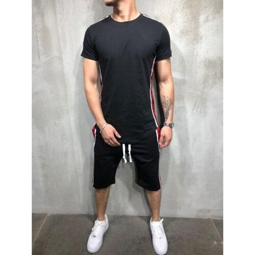2021 Mens Summer New Suit Fashion Sports Leisure Fitness Running Spliced Striped Round Neck Short Sleeve Shorts Two Sets
