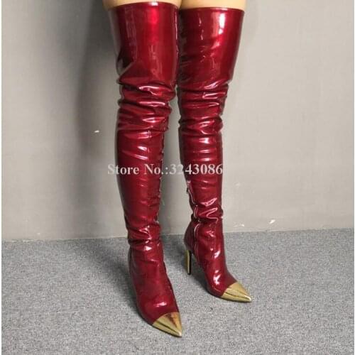 Wine Red Patent Leather Metal Toe Long Boots Woman Sexy Metal Thin Heel Thigh High Boots Ladies Large Size Night Club Party Shoe