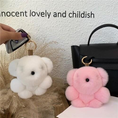 13CM Real fur keychain Rex Rabbit Small Bear plush Pendants Women Bag Ornaments Cute doll Car Key Rings Fluffy Toy Trinkets Gift