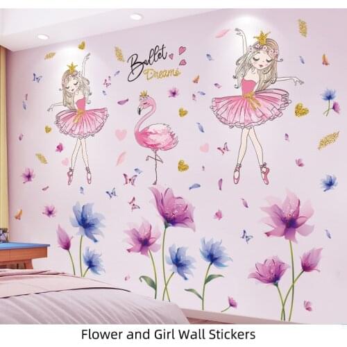[shijuekongjian] Flowers Plants Wall Stickers DIY Girl Flamingo Wall Decals for Living Room Kids Bedroom Kitchen Home Decoration