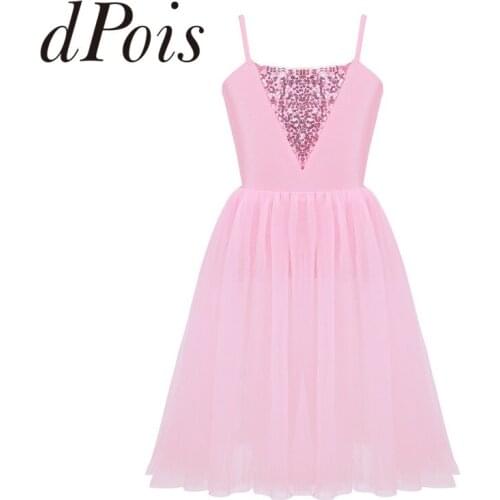 Childrens Kids Ballet Gymnastics Leotard Dress Spaghetti Straps Sequins Mesh Ballet Dress Girls Dancewear Lyrical Dance Costumes