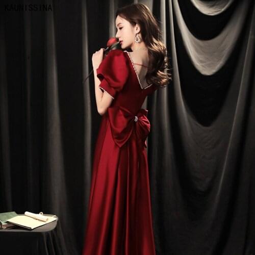 KAUNISSINA Long Formal Dress Burgundy Square Collar Bow A-Line Evening Gowns for Women Elegant Satin Party Evening Dresses