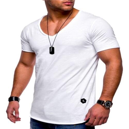 Slim fit Mens V collar T shirt Fitness Bodybulding T shirts hip hop High Street Summer Short Sleeve sleeve t-shirts tops