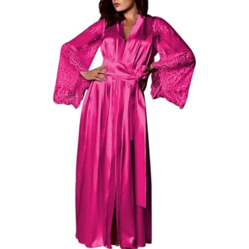 Sexy Bathrobe Women Black Lace Long Sleeve Silky Kimono Robe Sleepwear Nightgown Dress Bathrobe Bride Wedding Long Robe Dress